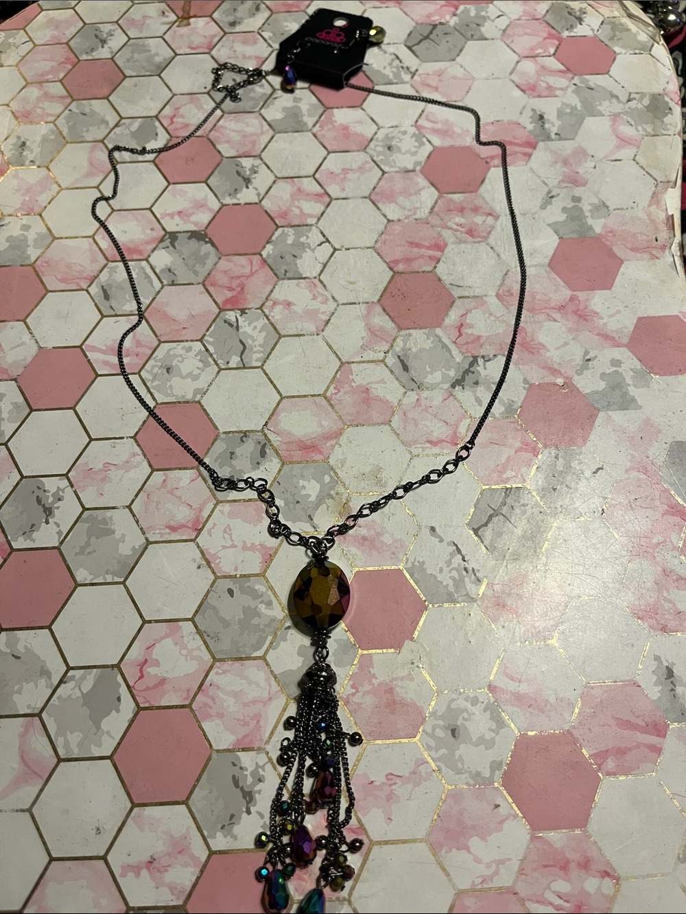 Oil Spill Faceted Pendant Tassel Necklace - Women
